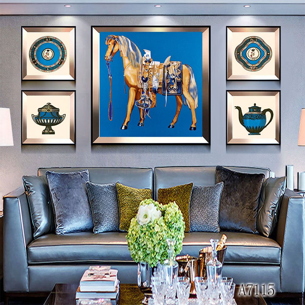 Modern art decoration hotel wall hanging printed large gold horse painting