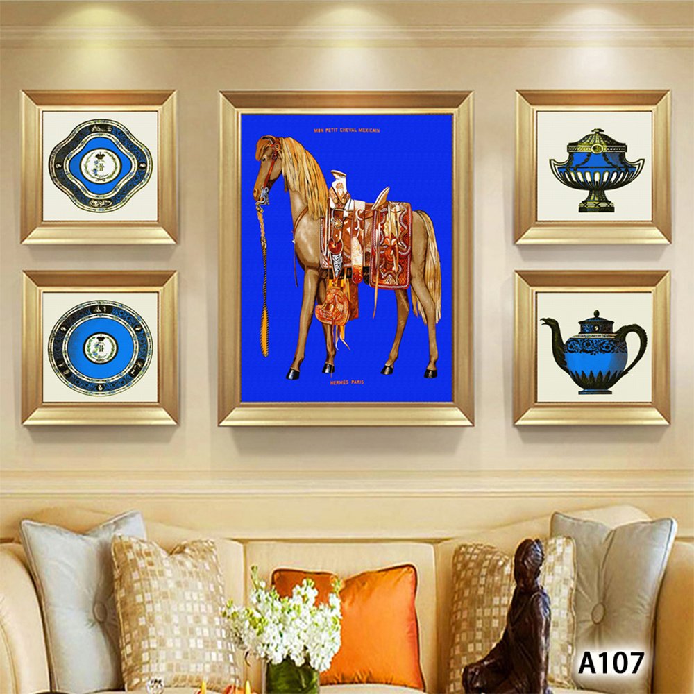 Modern art decoration hotel wall hanging printed large gold horse painting