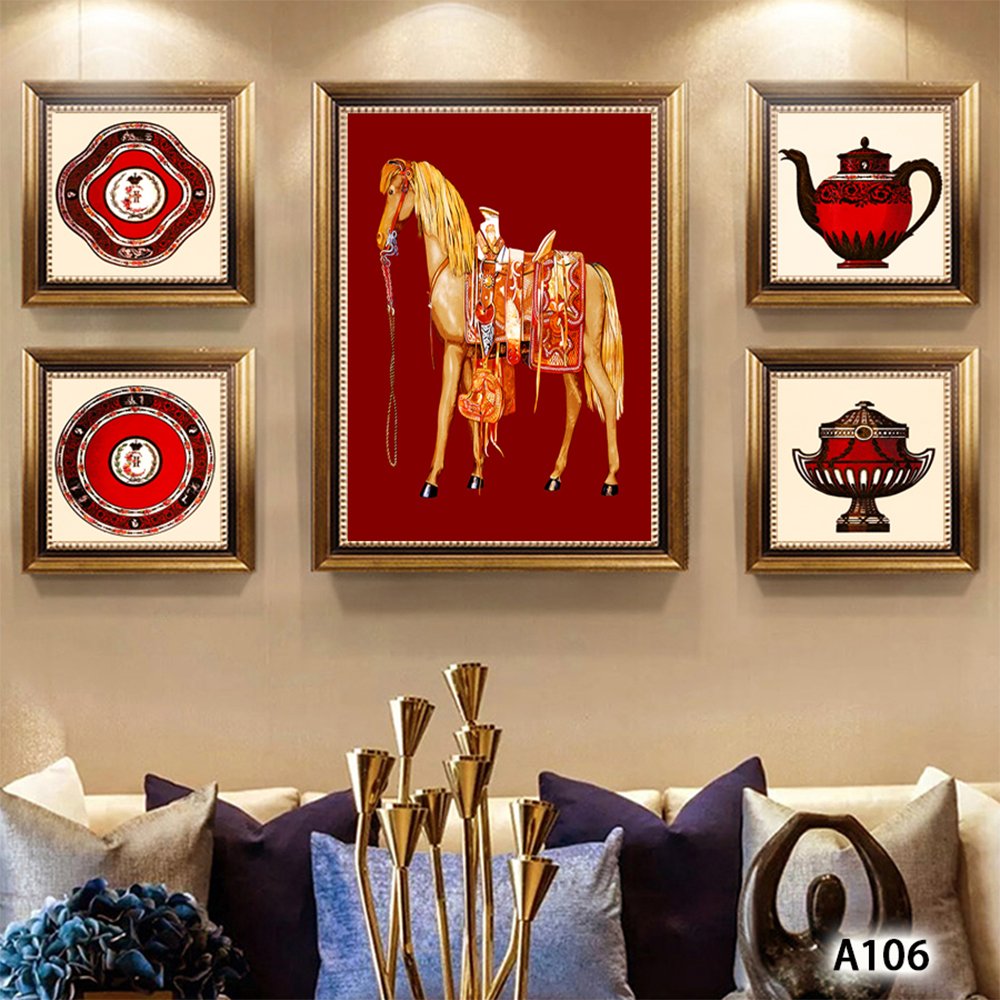 Modern art decoration hotel wall hanging printed large gold horse painting