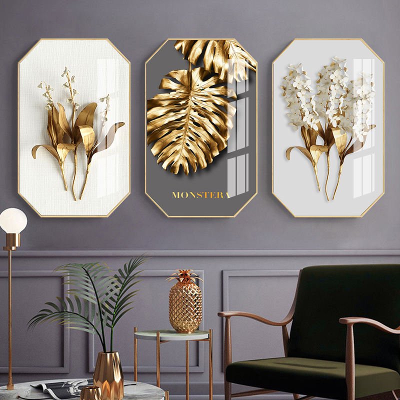Abstract Golden Leaf 3 Piece Crystal Porcelain Painting Poster Painting Decorative Picture Nordic Style Living Room Decor