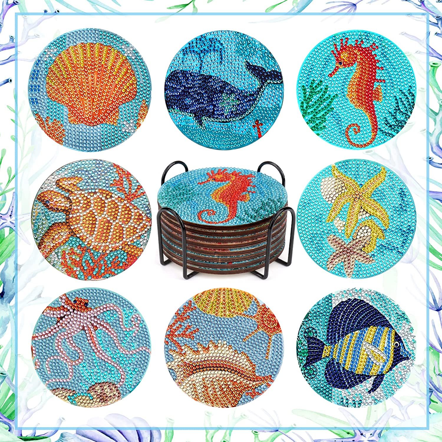 8pcs Set Sea Animal Turtle Fish Seahorse Coaster Diamond Painting Diy Table Craft