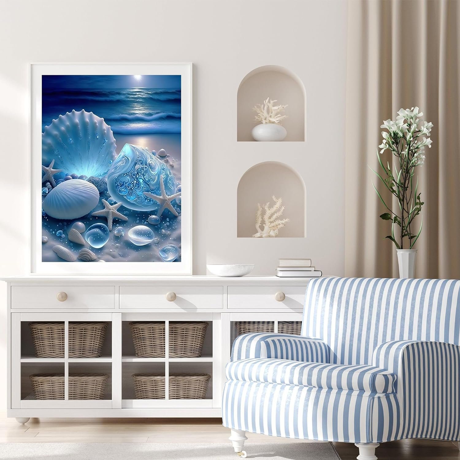 Adult diamond painting set, beach shell painting crafts, home wall decoration, DIY 5D round diamond art shell perfect relaxation