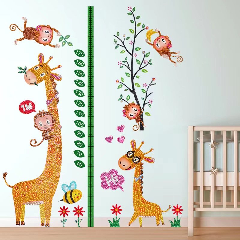R-ST001-007 Kids Height Growth Chart Wall Sticker 5D Diamond Painting Stickers Educational Toy Animal Gem Sticker