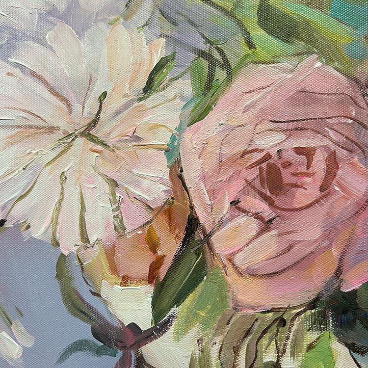 Hand-Painted Abstract Flowers Blooming Oil Painting, Gallery Wrapped Framed Bright Colorful Flowers Red Wildflowers Art