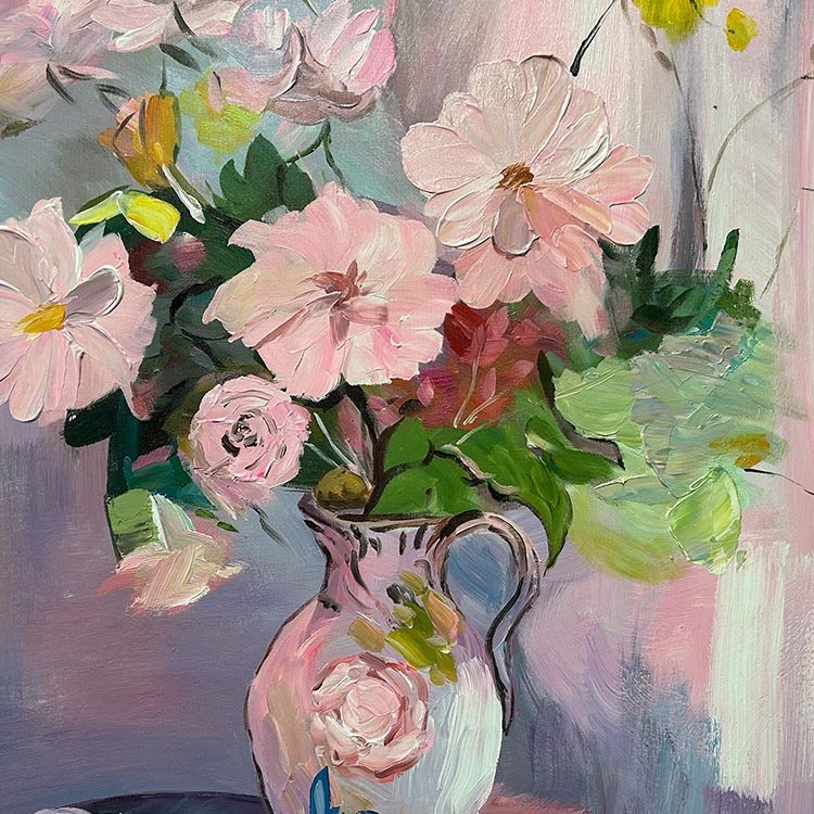 Hand-Painted Abstract Flowers Blooming Oil Painting, Gallery Wrapped Framed Bright Colorful Flowers Red Wildflowers Art