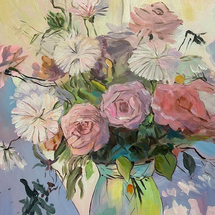 Hand-Painted Abstract Flowers Blooming Oil Painting, Gallery Wrapped Framed Bright Colorful Flowers Red Wildflowers Art