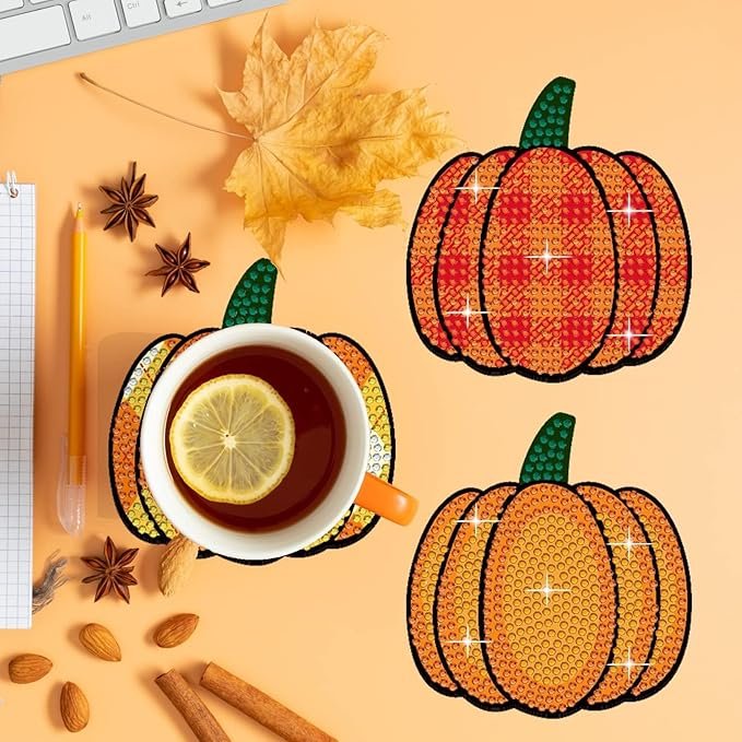 DIY Diamond Painting Coasters Halloween Patterns 9pcs With Holder DIY Pumpkin Diamond Art Coasters Kit Non Slip Coaster Art