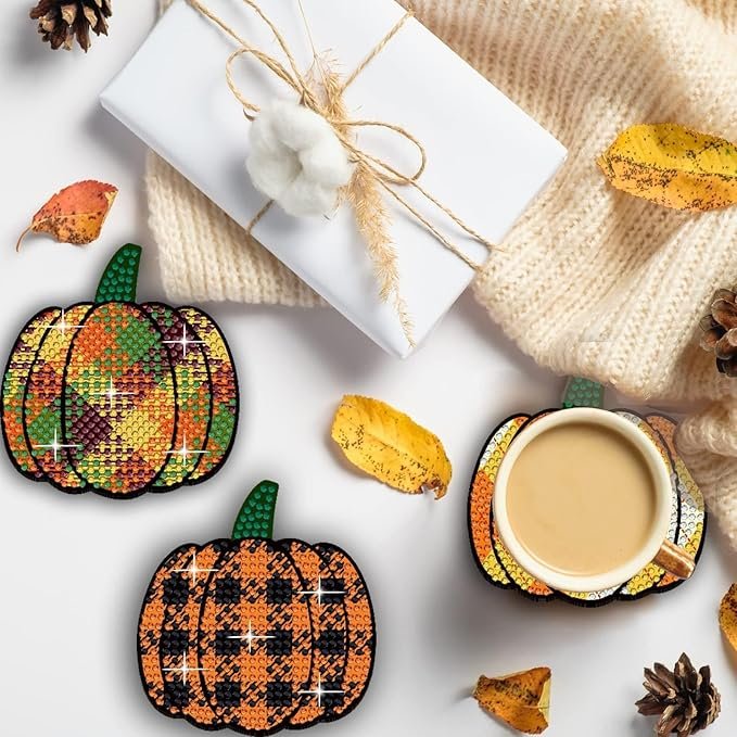 DIY Diamond Painting Coasters Halloween Patterns 9pcs With Holder DIY Pumpkin Diamond Art Coasters Kit Non Slip Coaster Art