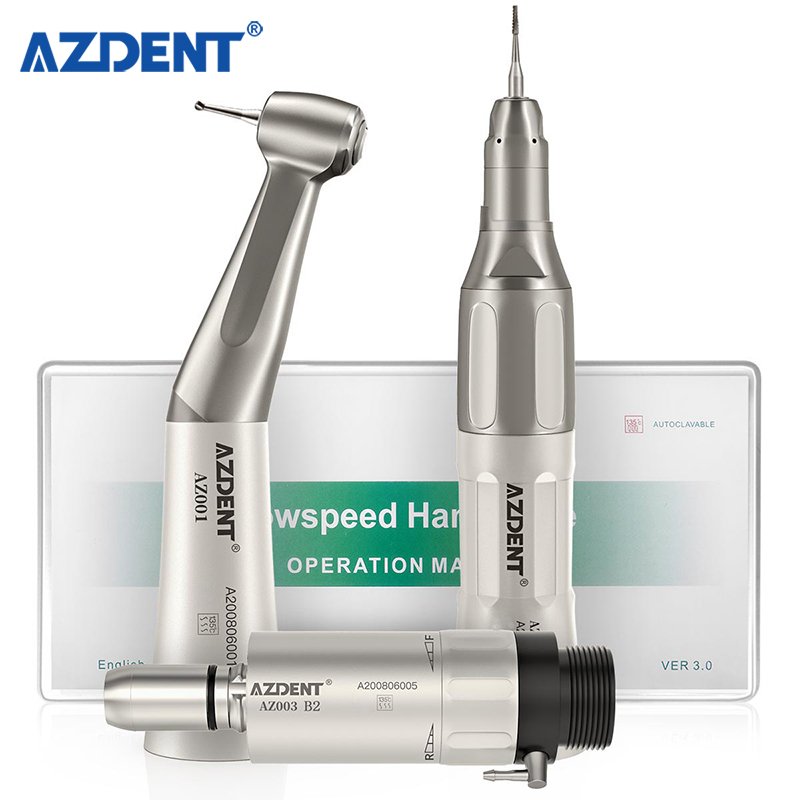 Dental Push Button Low Speed Contra Angle Handpiece Kit with Straight Handpiece & Air Motor
