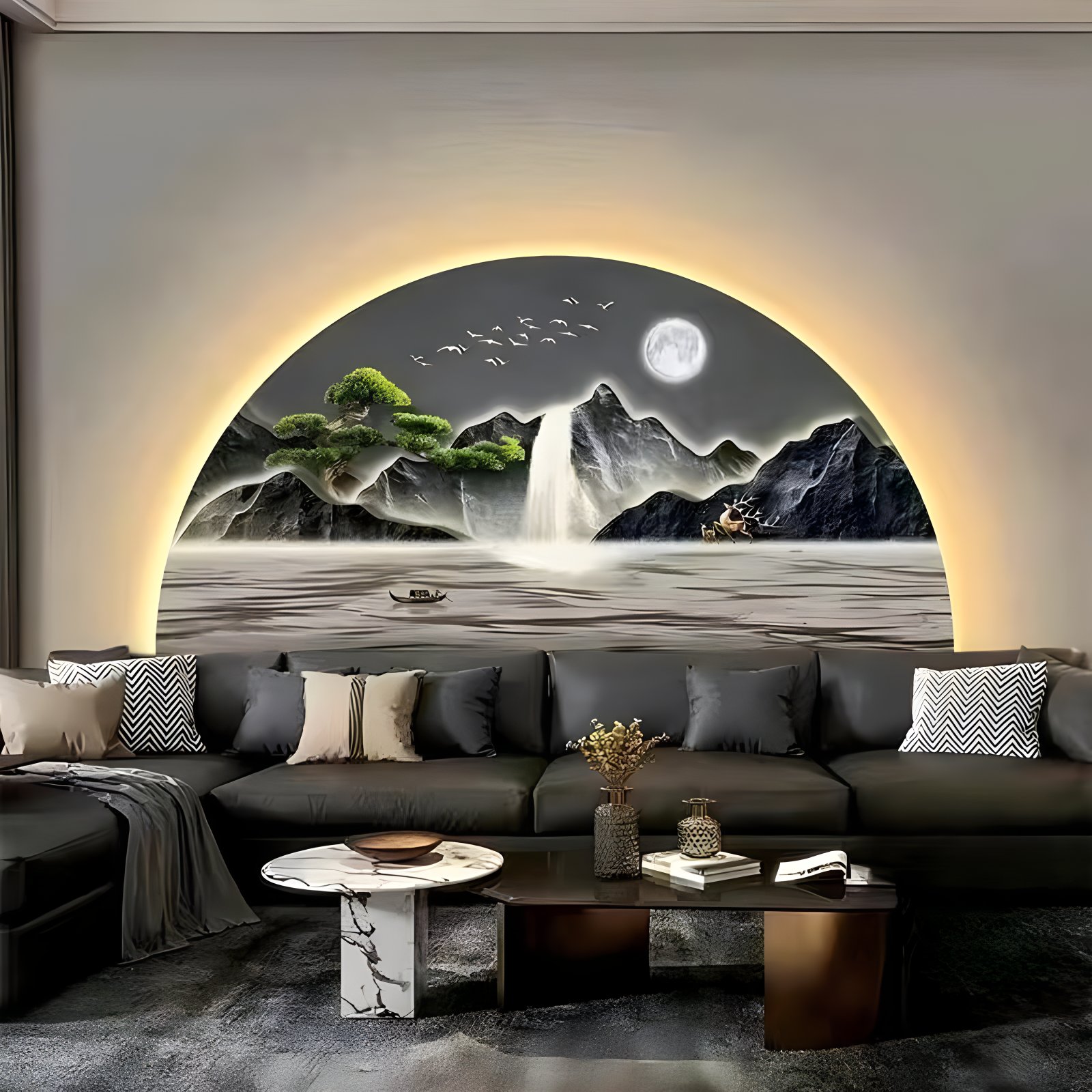 Semicircle landscape murals with light diamond painting laser engraving crystal porcelain painting wall art home deco