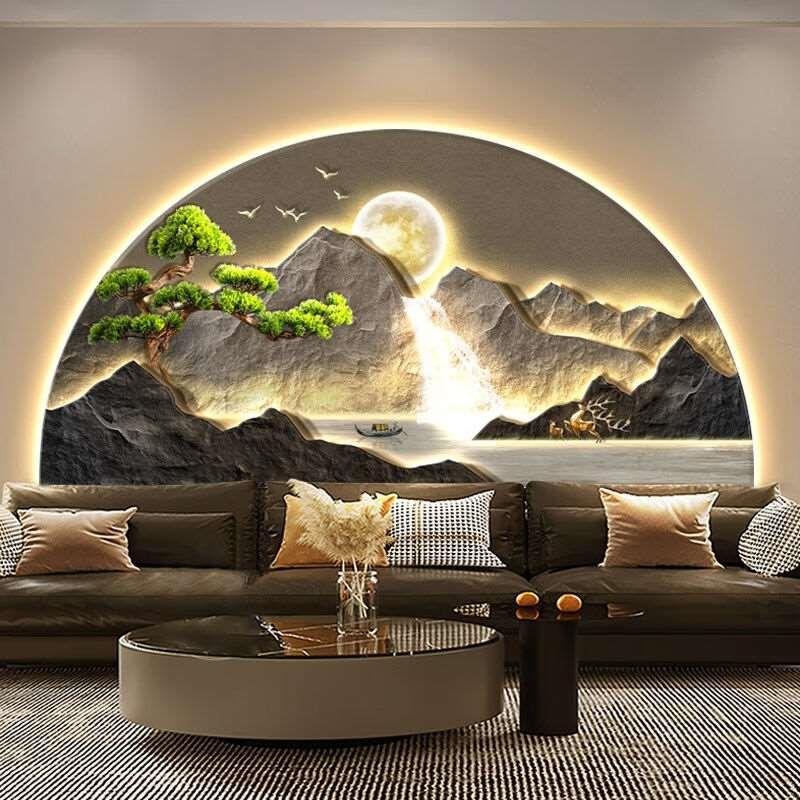 Semicircle landscape murals with light diamond painting laser engraving crystal porcelain painting wall art home deco