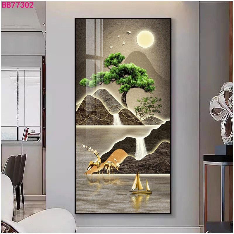 Landscape surround luminous decorative painting crystal porcelain painting with diamond wall art home decoration with LED