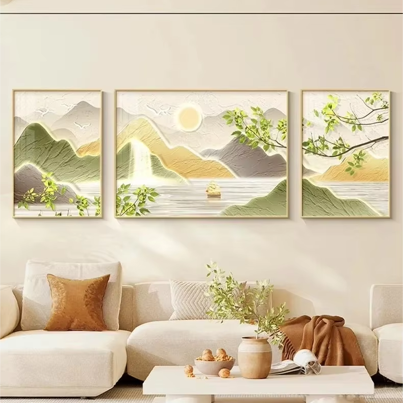 Landscape painting living room triptych crystal porcelain decoration hanging sofa background simple natural