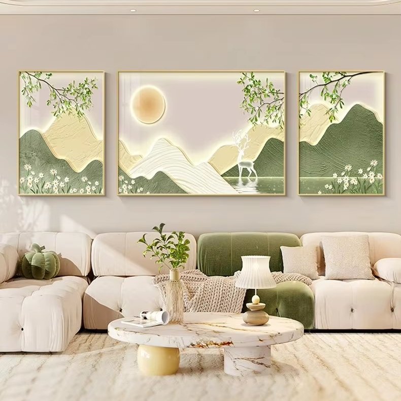 Landscape painting living room triptych crystal porcelain decoration hanging sofa background simple natural