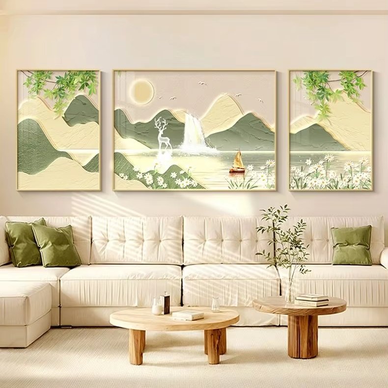 Landscape painting living room triptych crystal porcelain decoration hanging sofa background simple natural