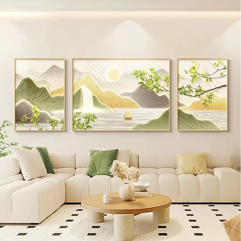 Landscape painting living room triptych crystal porcelain decoration hanging sofa background simple natural