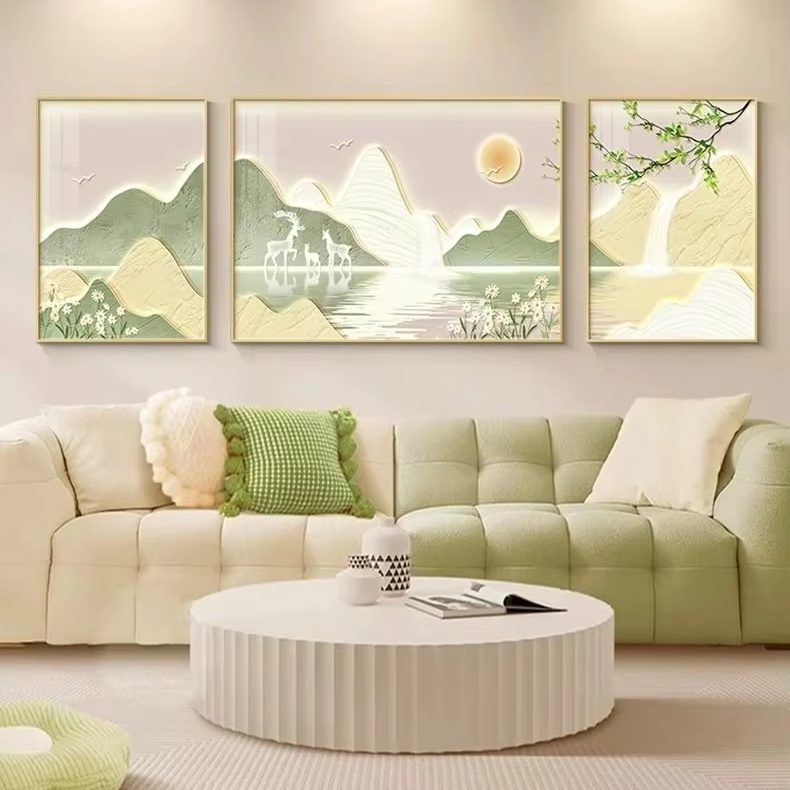 Landscape painting living room triptych crystal porcelain decoration hanging sofa background simple natural