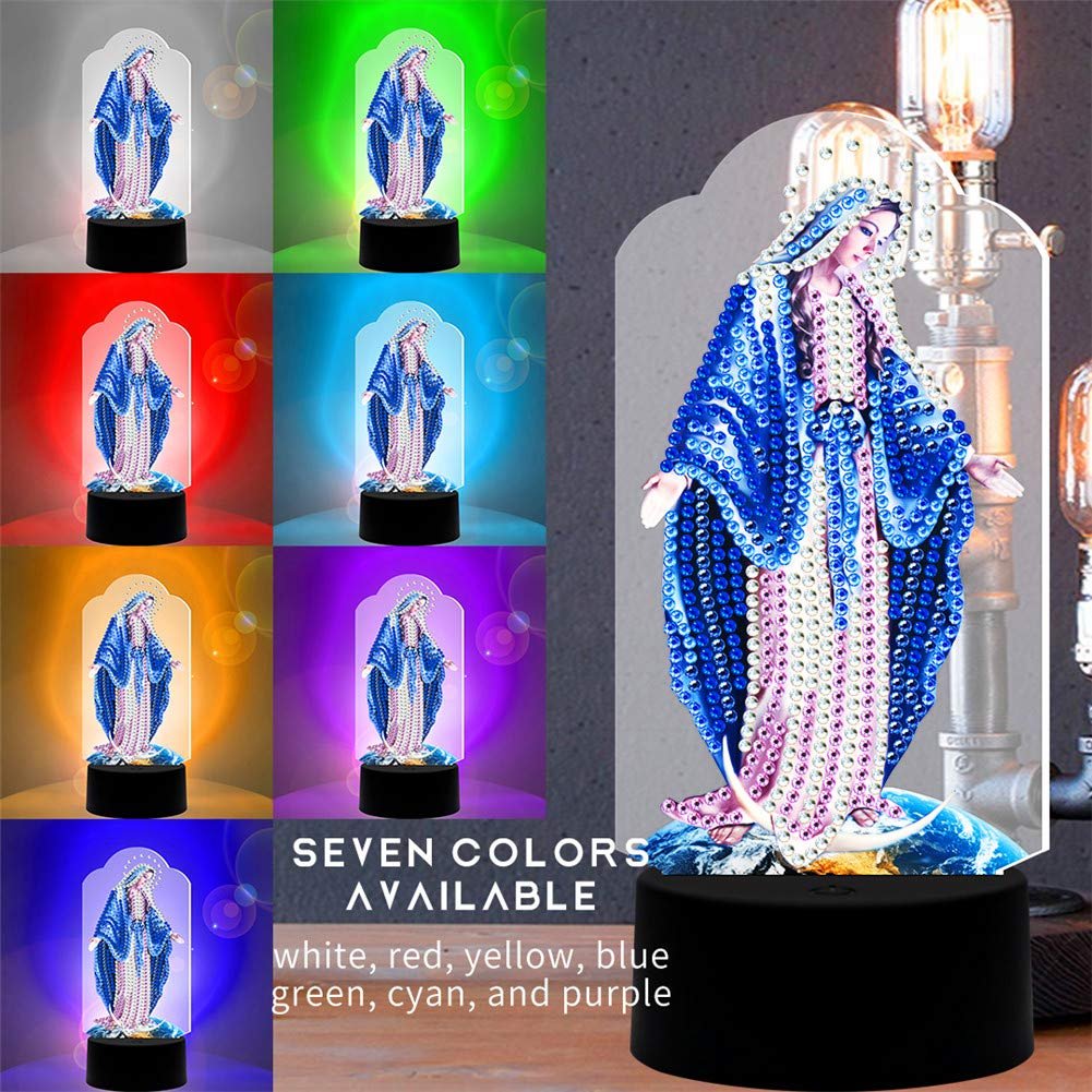 DIY Diamond Painting with LED Lamp Night Lights Creativity 7 Colors Christmas Crystal Drawing Lamp Decoration(Religious Virgin)