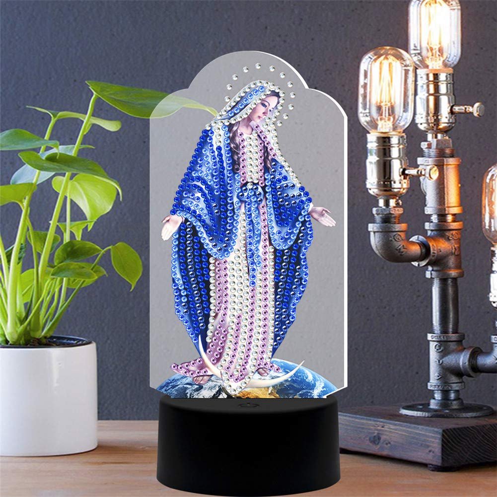 DIY Diamond Painting with LED Lamp Night Lights Creativity 7 Colors Christmas Crystal Drawing Lamp Decoration(Religious Virgin)