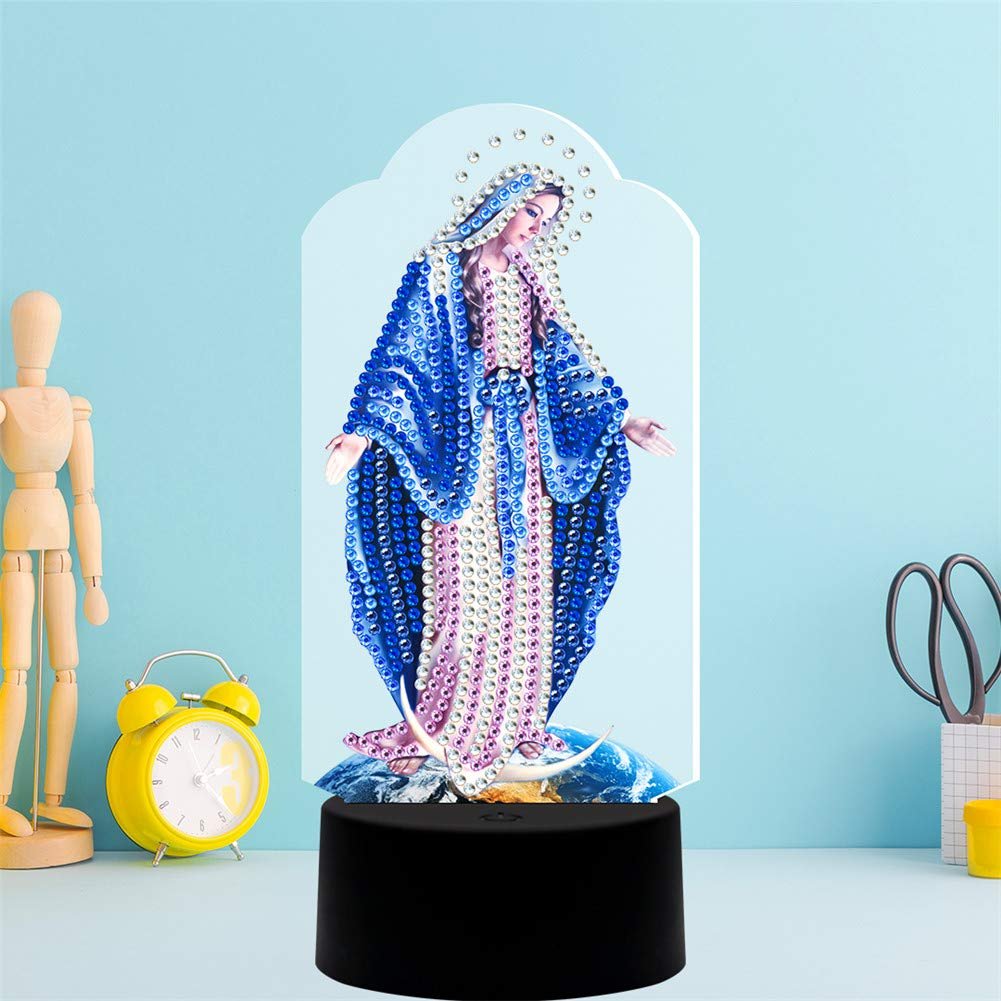 DIY Diamond Painting with LED Lamp Night Lights Creativity 7 Colors Christmas Crystal Drawing Lamp Decoration(Religious Virgin)