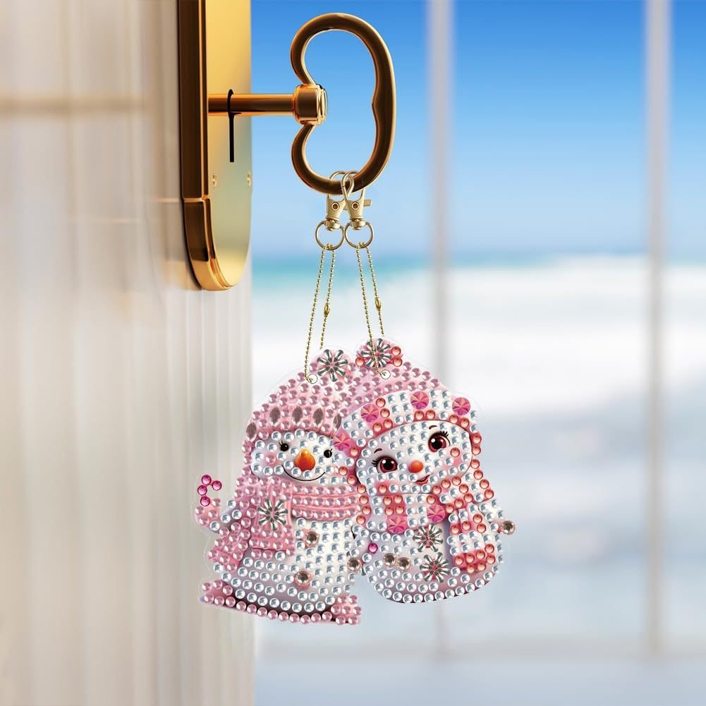 6 Pieces/Set Diy Customized Per Pack Handmade Pink Snowman Diamond Crystal Bling Rhinestone Decorative Key Chain for christmas