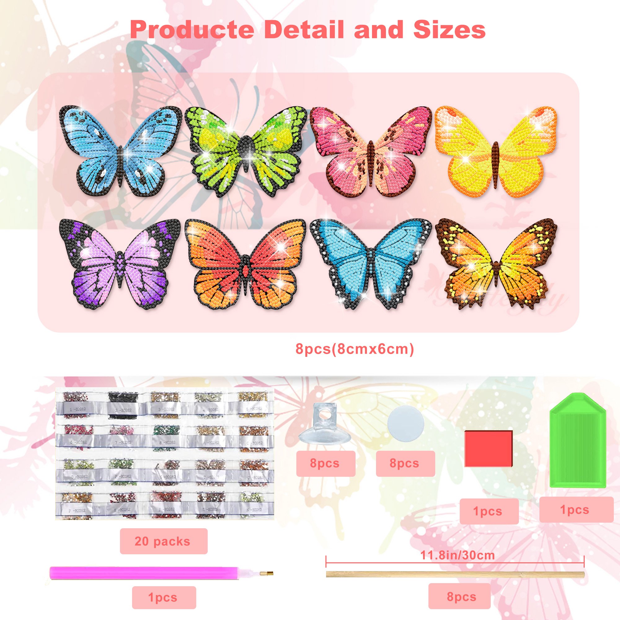 Huancai 8PCS Butterfly Stakes Diamond Painting DIY Diamond Art Kits for for Indoor Outdoor Garden Yard Decoration Party Supplies