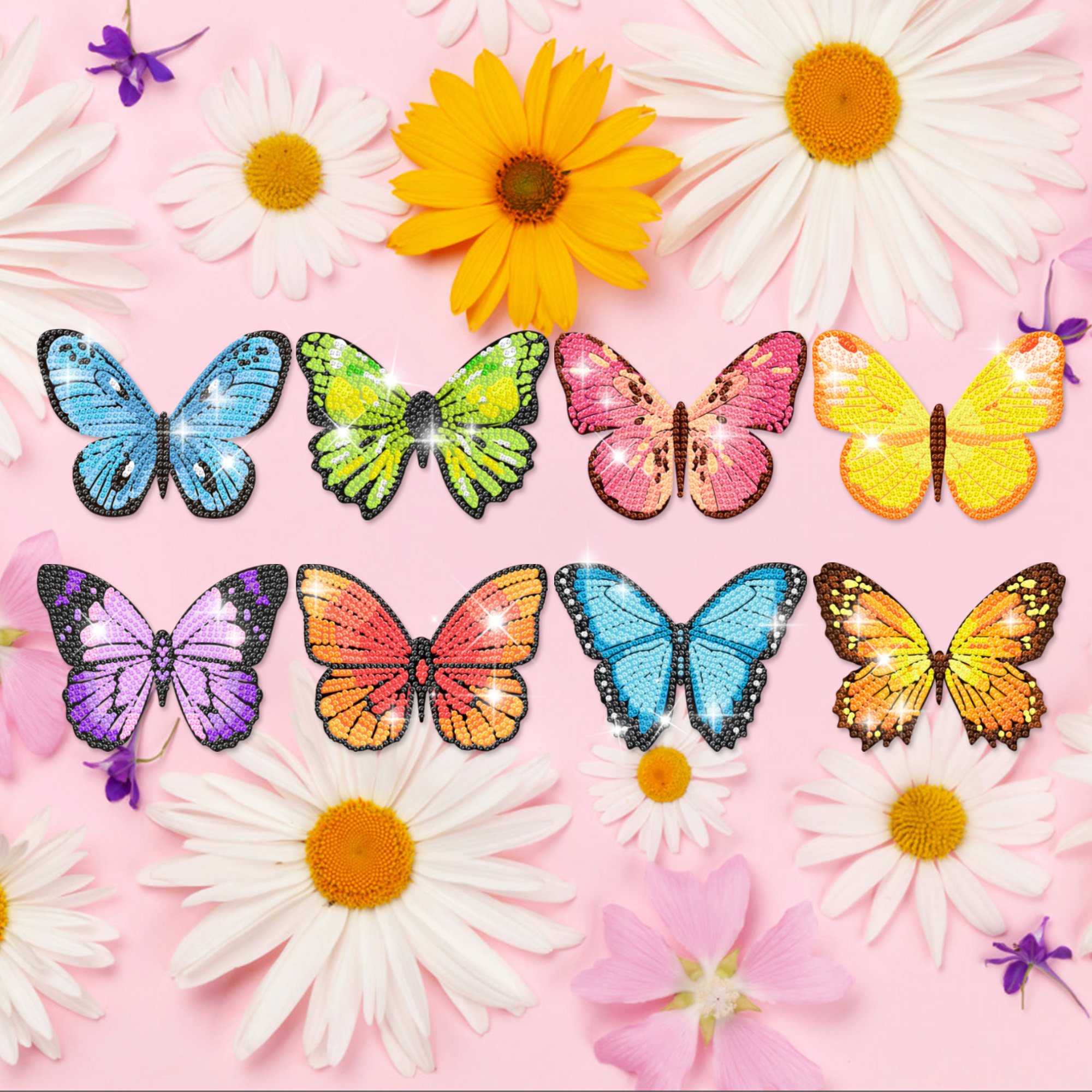 Huancai 8PCS Butterfly Stakes Diamond Painting DIY Diamond Art Kits for for Indoor Outdoor Garden Yard Decoration Party Supplies
