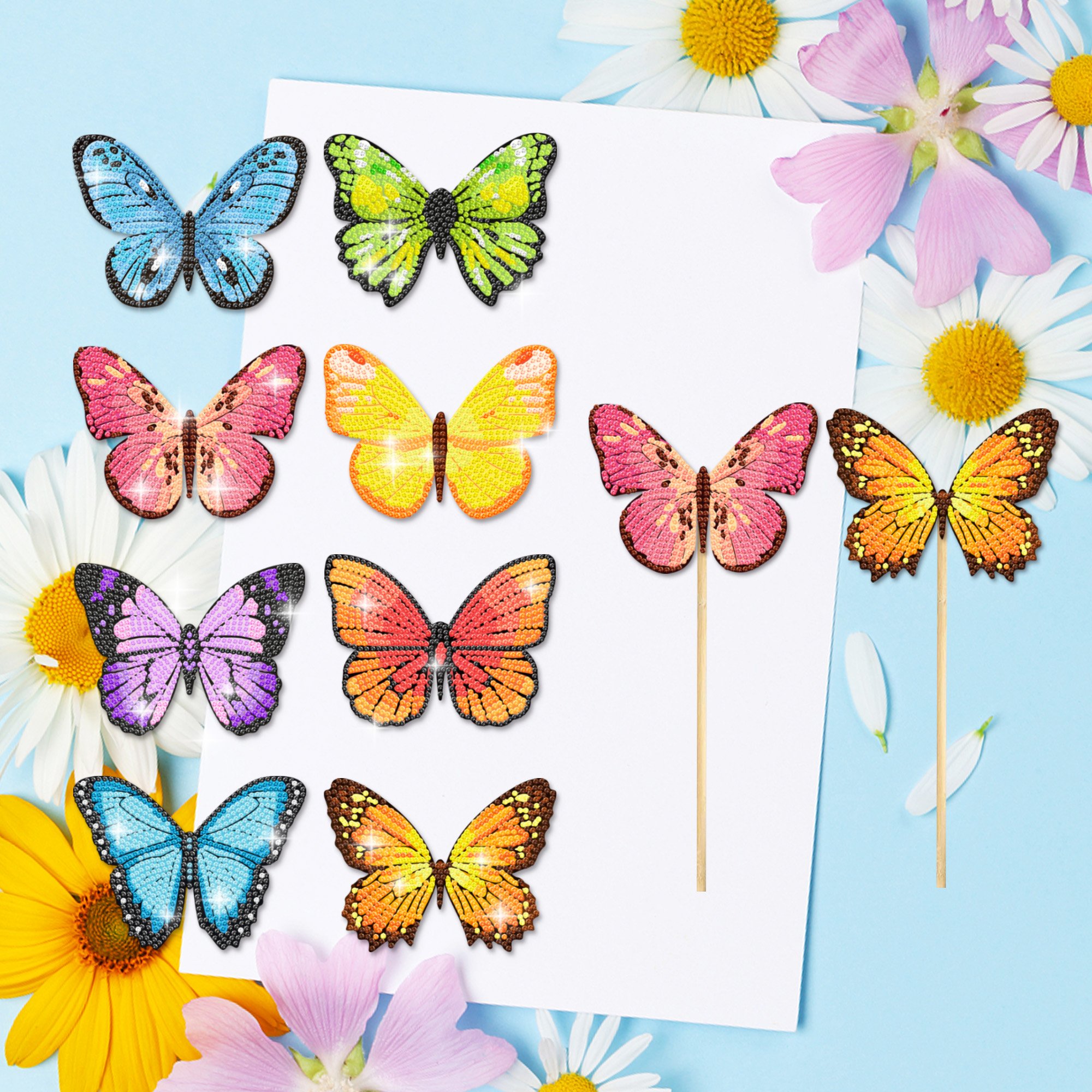 Huancai 8PCS Butterfly Stakes Diamond Painting DIY Diamond Art Kits for for Indoor Outdoor Garden Yard Decoration Party Supplies