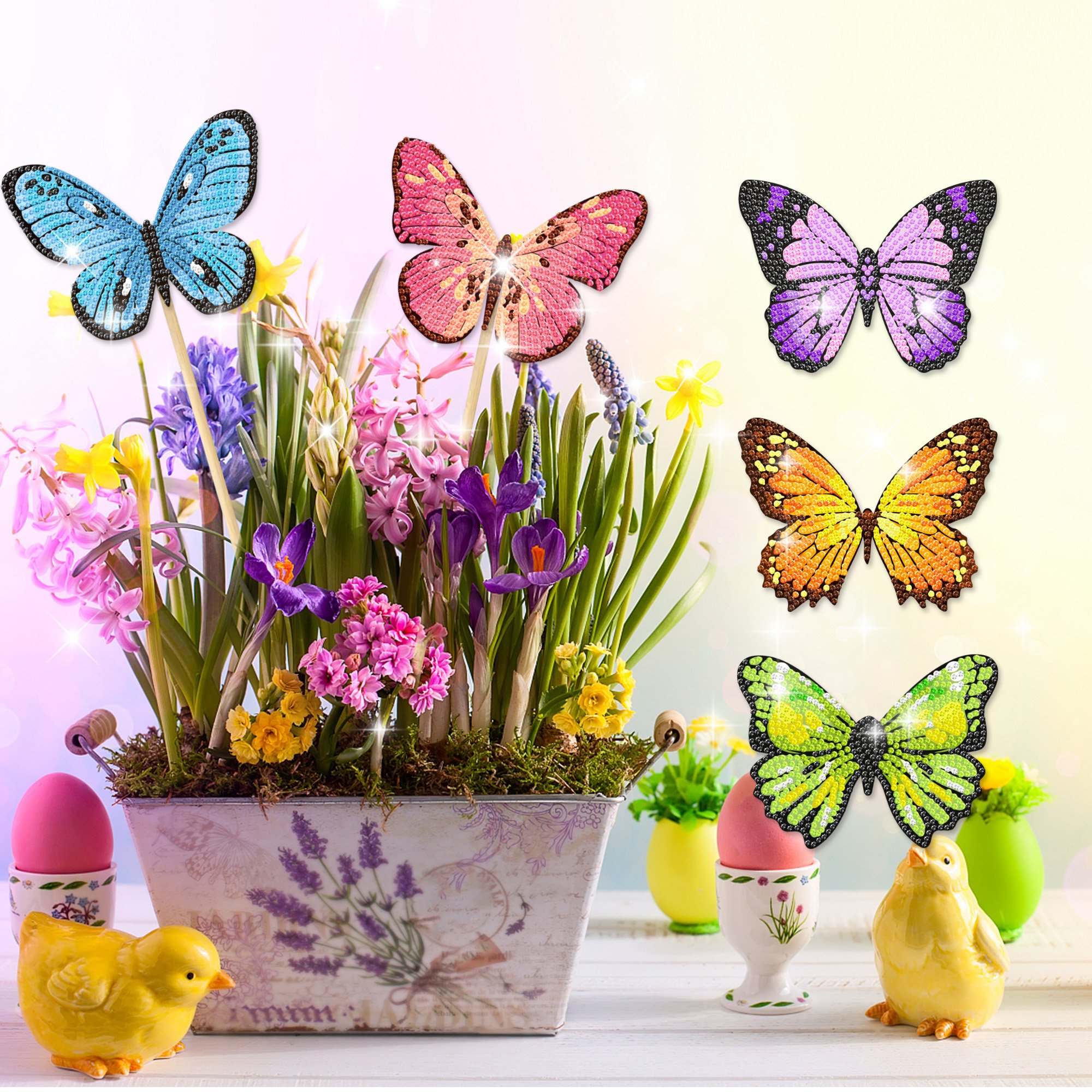 Huancai 8PCS Butterfly Stakes Diamond Painting DIY Diamond Art Kits for for Indoor Outdoor Garden Yard Decoration Party Supplies