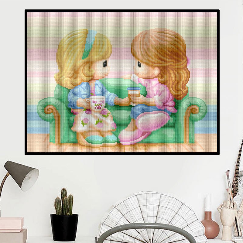 SONGWOO Wholesale Hot Sale Portrait Diamond Embroidery Crystal Rhinestone Sisters Sofa Drinking Coffee Diamond Painting Crafts