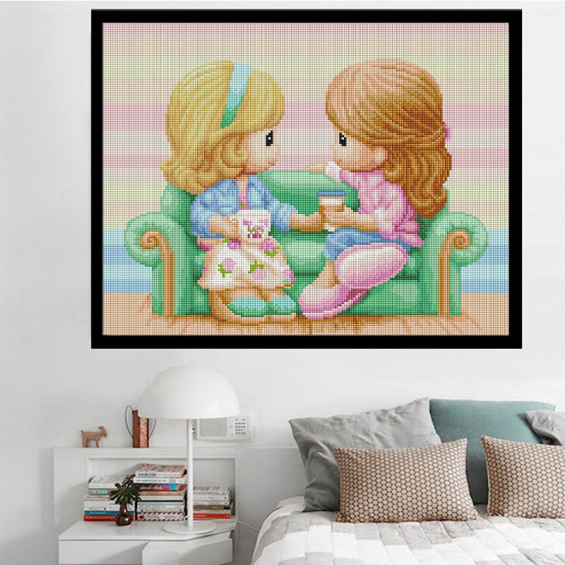 SONGWOO Wholesale Hot Sale Portrait Diamond Embroidery Crystal Rhinestone Sisters Sofa Drinking Coffee Diamond Painting Crafts