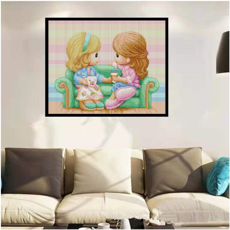 SONGWOO Wholesale Hot Sale Portrait Diamond Embroidery Crystal Rhinestone Sisters Sofa Drinking Coffee Diamond Painting Crafts