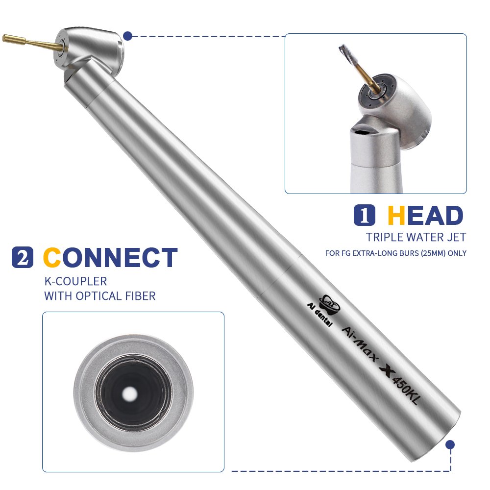 AI-X450KL 45-degree angled Mini head Dental Air Turbine High Speed Handpiece Optical LED 18W Power air Out of the back cover