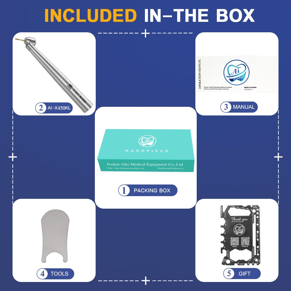 AI-X450KL 45-degree angled Mini head Dental Air Turbine High Speed Handpiece Optical LED 18W Power air Out of the back cover
