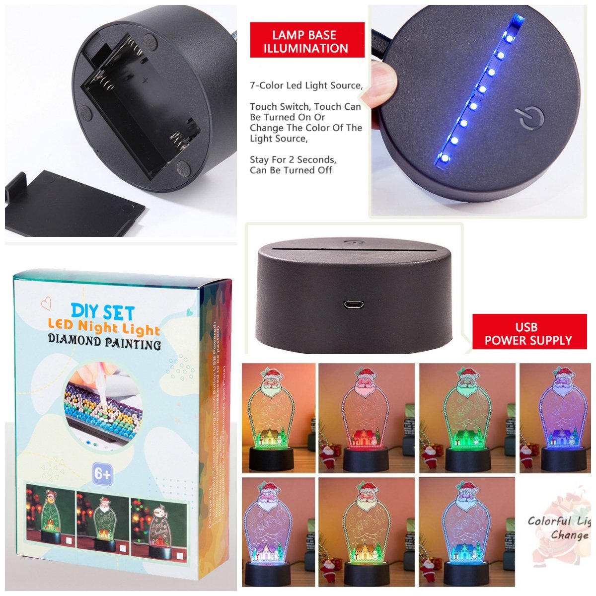 Christmas Diy Crystal Diamond Led Light Night Xmas USB Button Acrylic Plate Lamp Diamond Painting Christmas Lamparas Decor