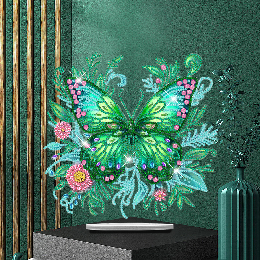 1PC DIY 5D Diamond Painting Suit Desk Decoration Acrylic Green Butterfly Flower Diamond Painting Tabletop Ornament