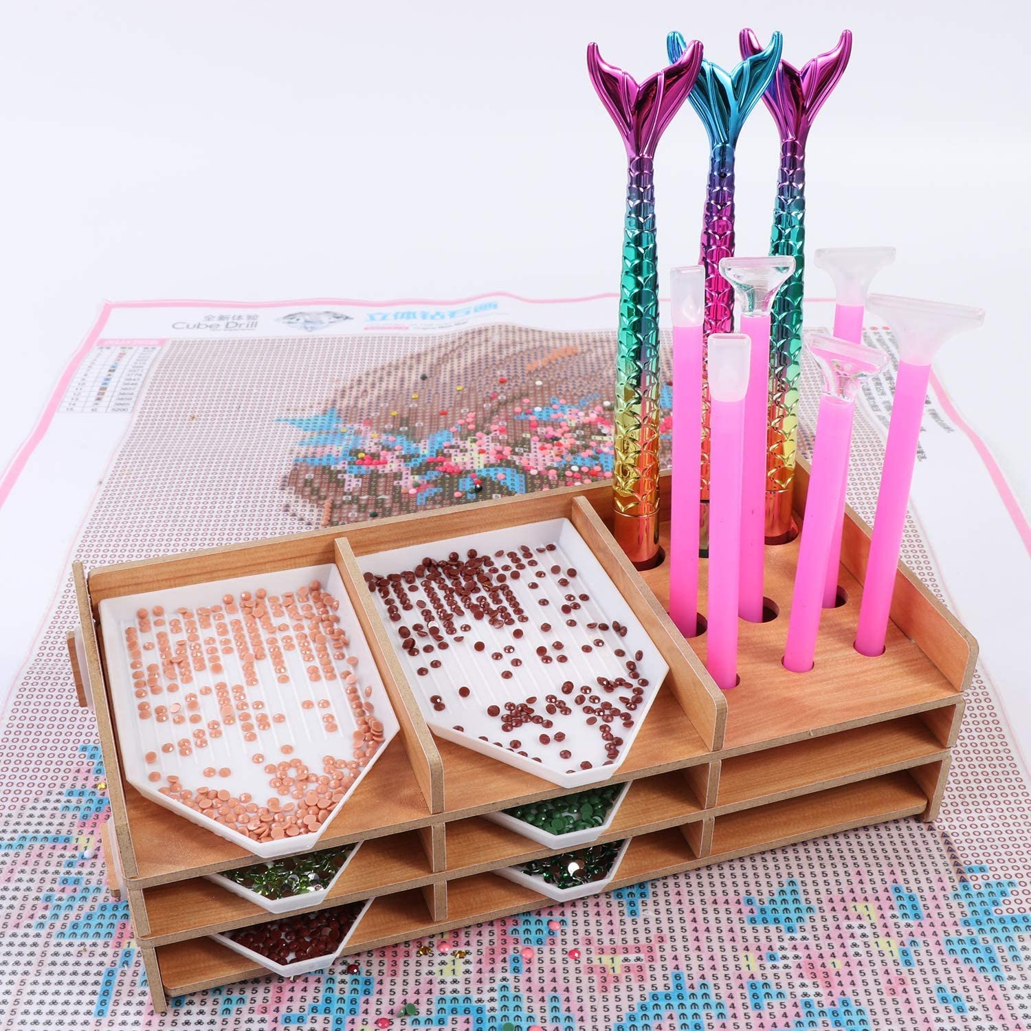 Wood Diamond Painting Tray Organizer For Larger White Tray Wooden Drill Pen Jar Containers Diamond Accessories Kits Bead Storage