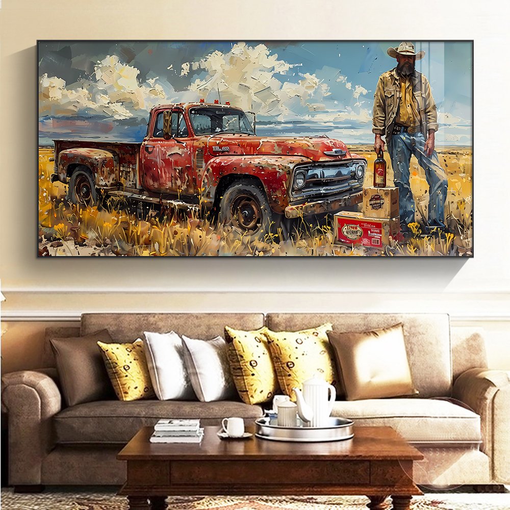 Retro Western Cowboy wall art Truck Figure Western Farmhouse canvas wall painting Western wall home decor frame