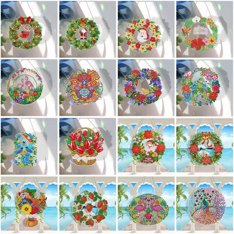 Christmas Decoration DIY Diamond Painting Kits Acrylic Round Flower Wreath LED Light Mosaic Home Art Room Decor Craft