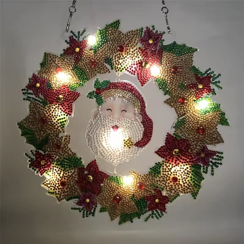 Christmas Decoration DIY Diamond Painting Kits Acrylic Round Flower Wreath LED Light Mosaic Home Art Room Decor Craft