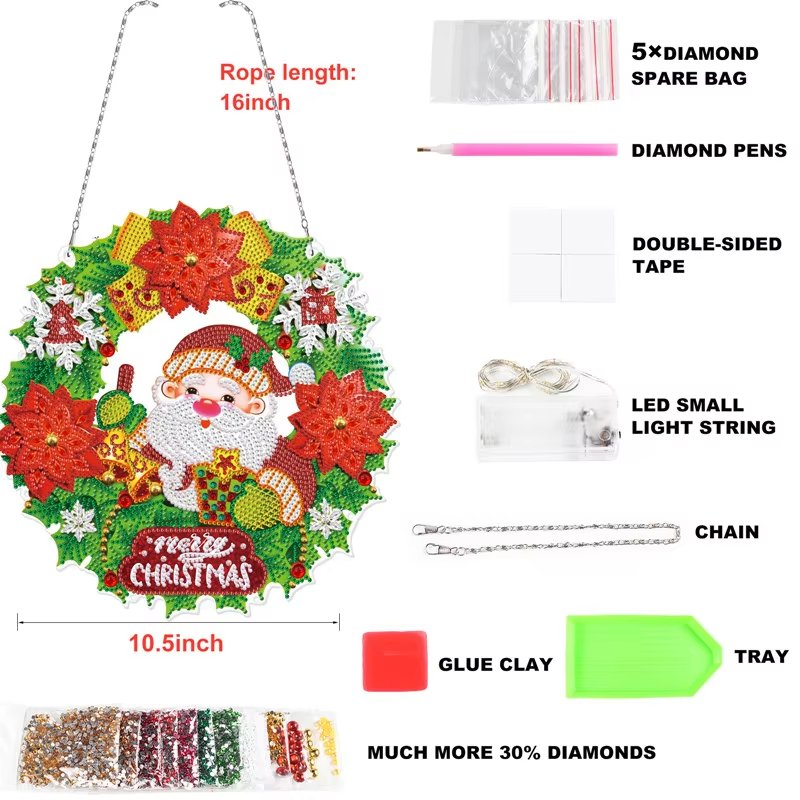 Christmas Decoration DIY Diamond Painting Kits Acrylic Round Flower Wreath LED Light Mosaic Home Art Room Decor Craft