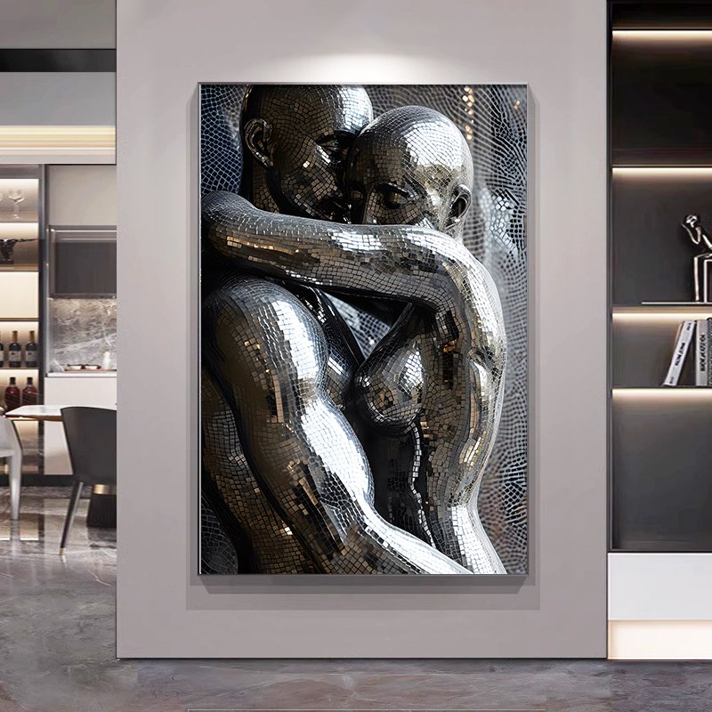 Mosaic Couple lover Portrait Picture with Frame Crystal Decoration Black and Silver Modern Wall Art LED Paintings for Bedroom