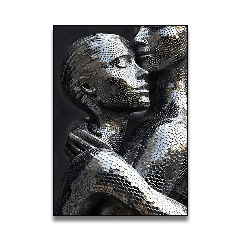 Mosaic Couple lover Portrait Picture with Frame Crystal Decoration Black and Silver Modern Wall Art LED Paintings for Bedroom