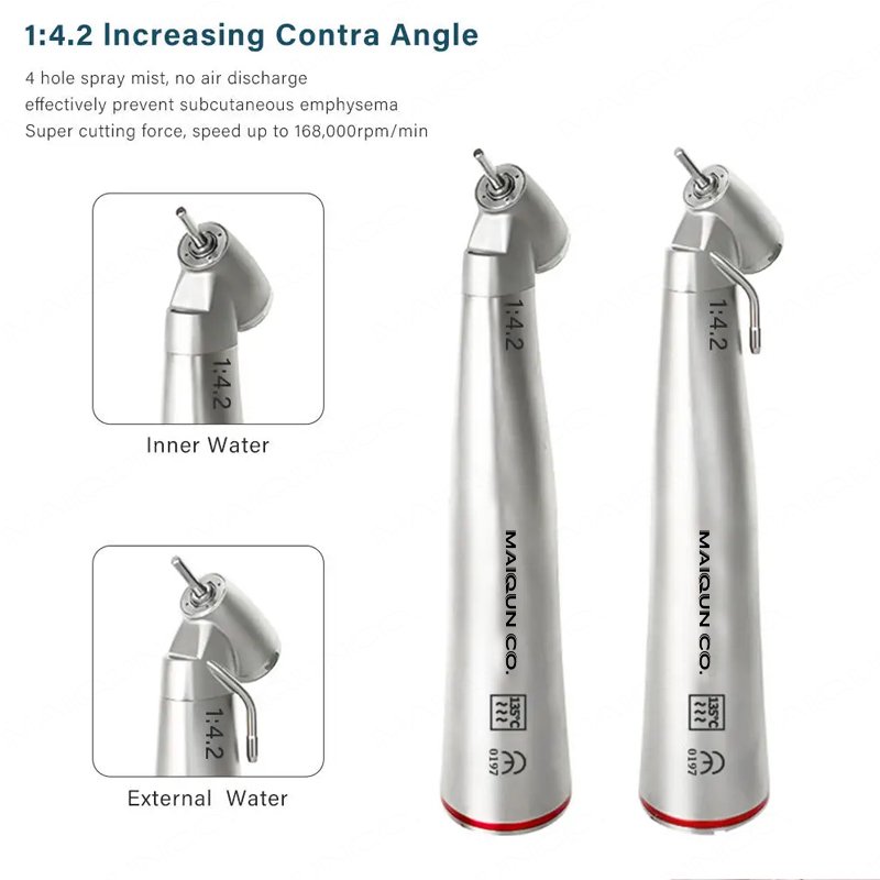 Dental 45 Degree Head Surgical Handpiece Red Ring Increasing Low Speed Air Turbine Led Fiber Opitc 1:4:2 Contra Angle Handpiece