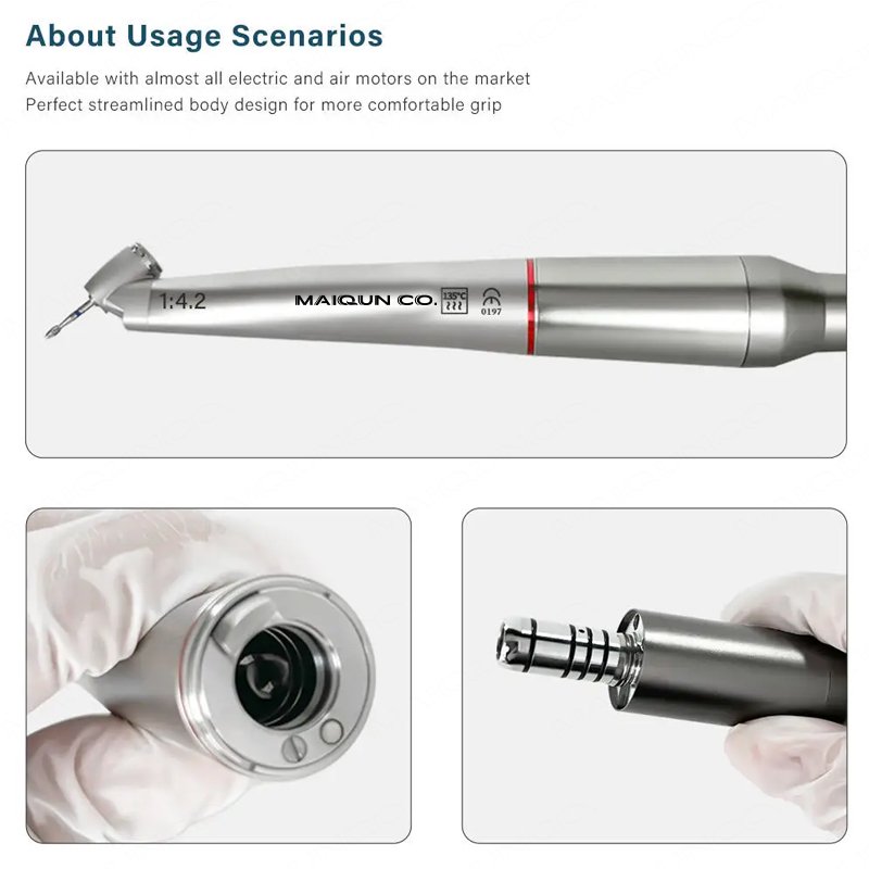 Dental 45 Degree Head Surgical Handpiece Red Ring Increasing Low Speed Air Turbine Led Fiber Opitc 1:4:2 Contra Angle Handpiece