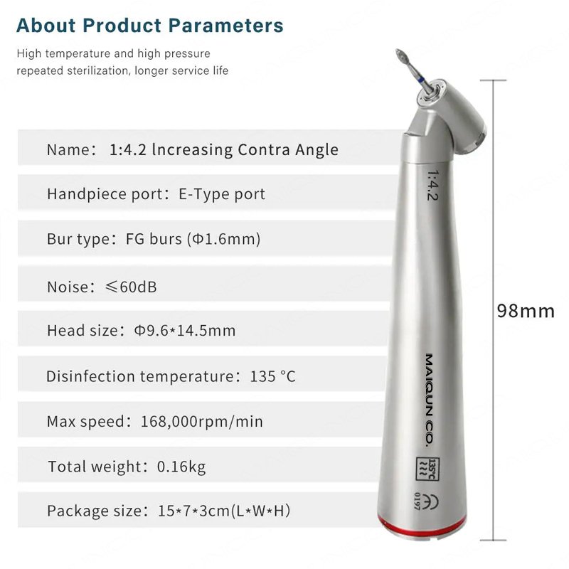 Dental 45 Degree Head Surgical Handpiece Red Ring Increasing Low Speed Air Turbine Led Fiber Opitc 1:4:2 Contra Angle Handpiece