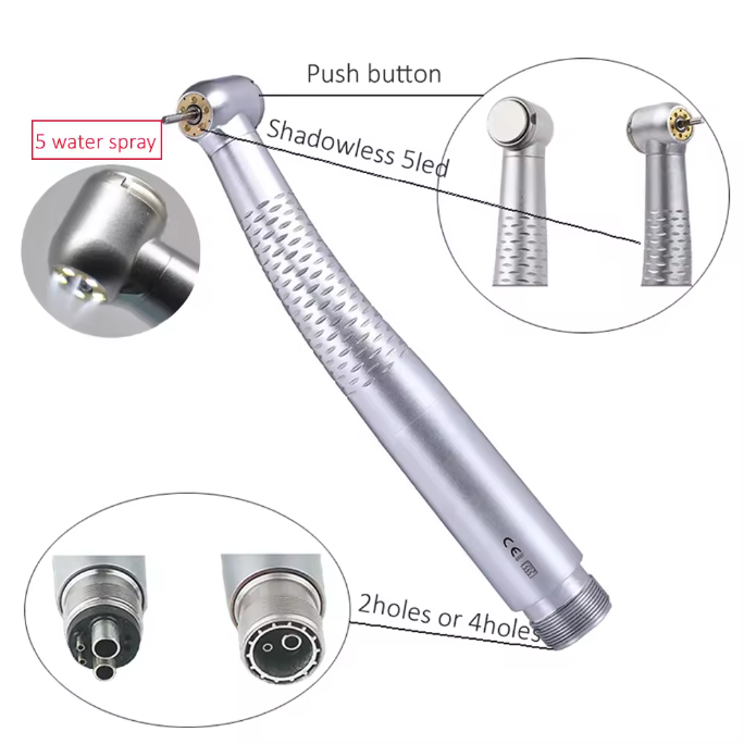 Best Selling 2 Hole 4 Holes 45 Degree High Speed Air Turbine Surgical 5 Led Five Point Water Spray Dental High-Speed Handpiece