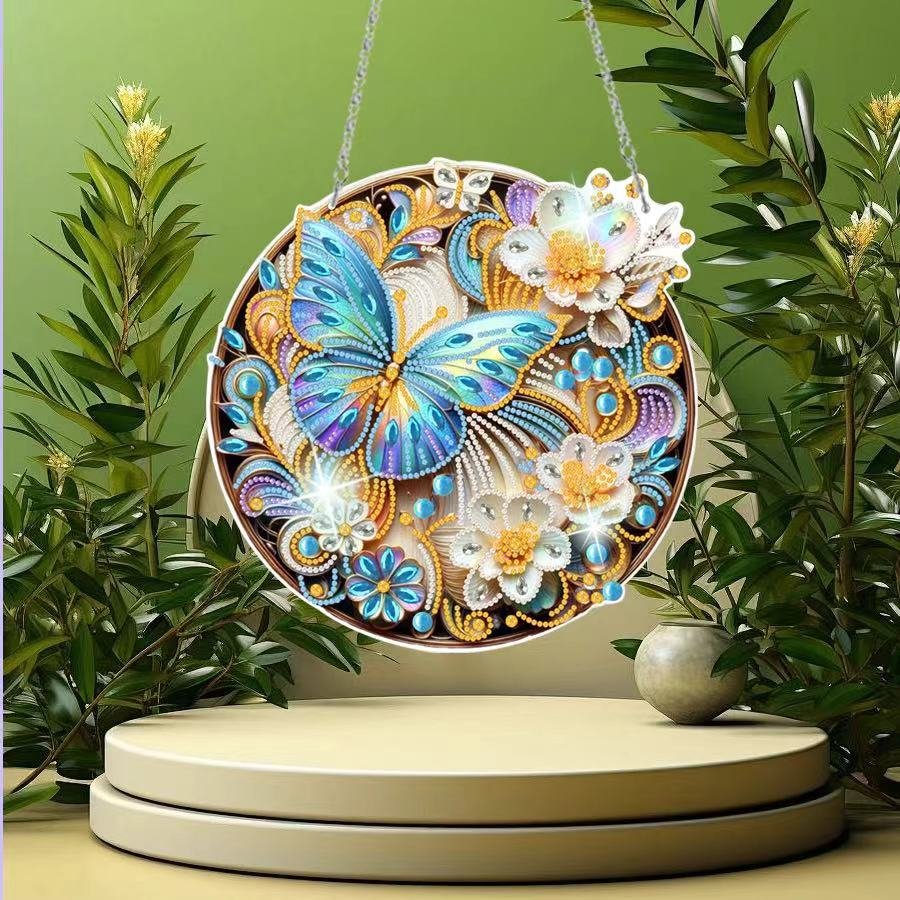 DIY Modern Butterfly Flower Diamond Painting Window Decor Hanging Ornament 5D Acrylic Diamond Painting Home Decor Pendant