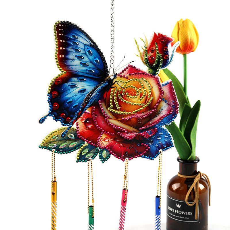 5d Crystal Diamond Painting Butterfly Rose Wind Chime Diamond Painting Kits DIY Decor Pendant Diamond Painting Wind Chimes