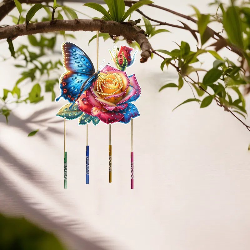 5d Crystal Diamond Painting Butterfly Rose Wind Chime Diamond Painting Kits DIY Decor Pendant Diamond Painting Wind Chimes